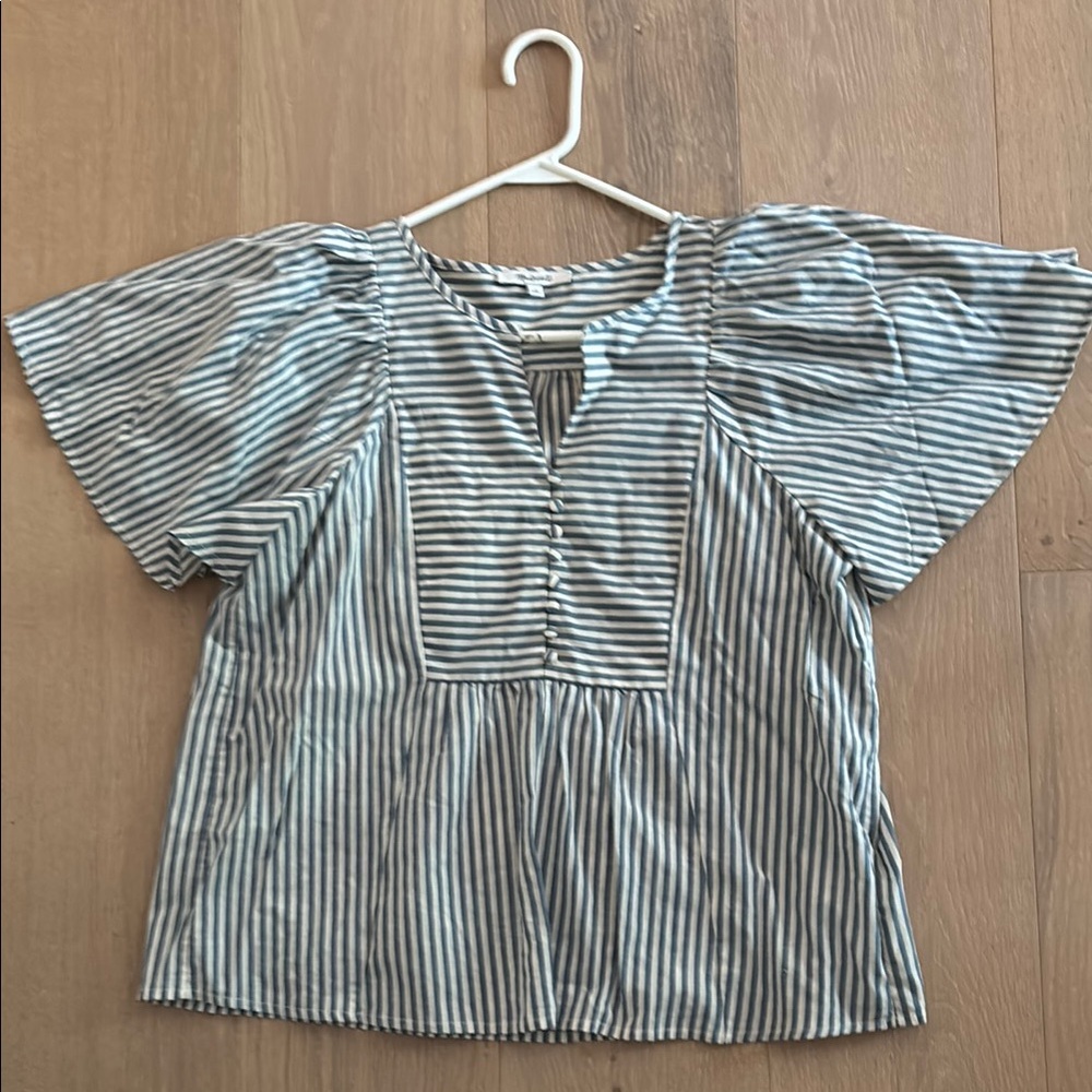 Madewell Blue and White Flutter Sleeve Blouse